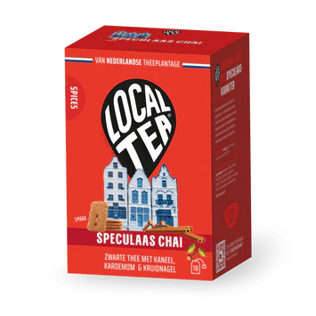 Speculaas Chai Theezakjes verpakking van Local Tea, met speculaaskarakter en warme kruiden.