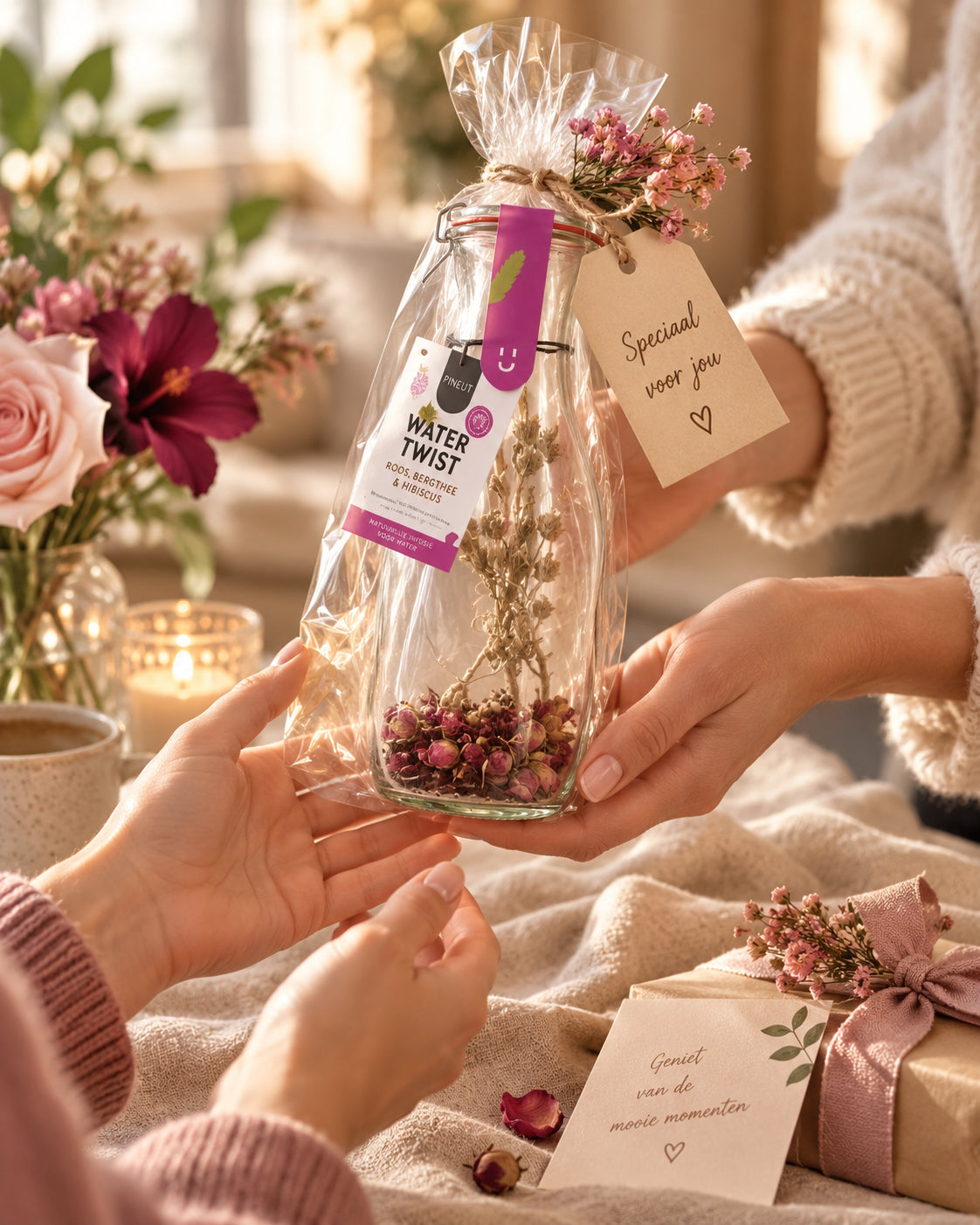 Watertwist Roos, Bergthee & Hibiscus als cadeau tijdens een persoonlijk overhandigingsmoment