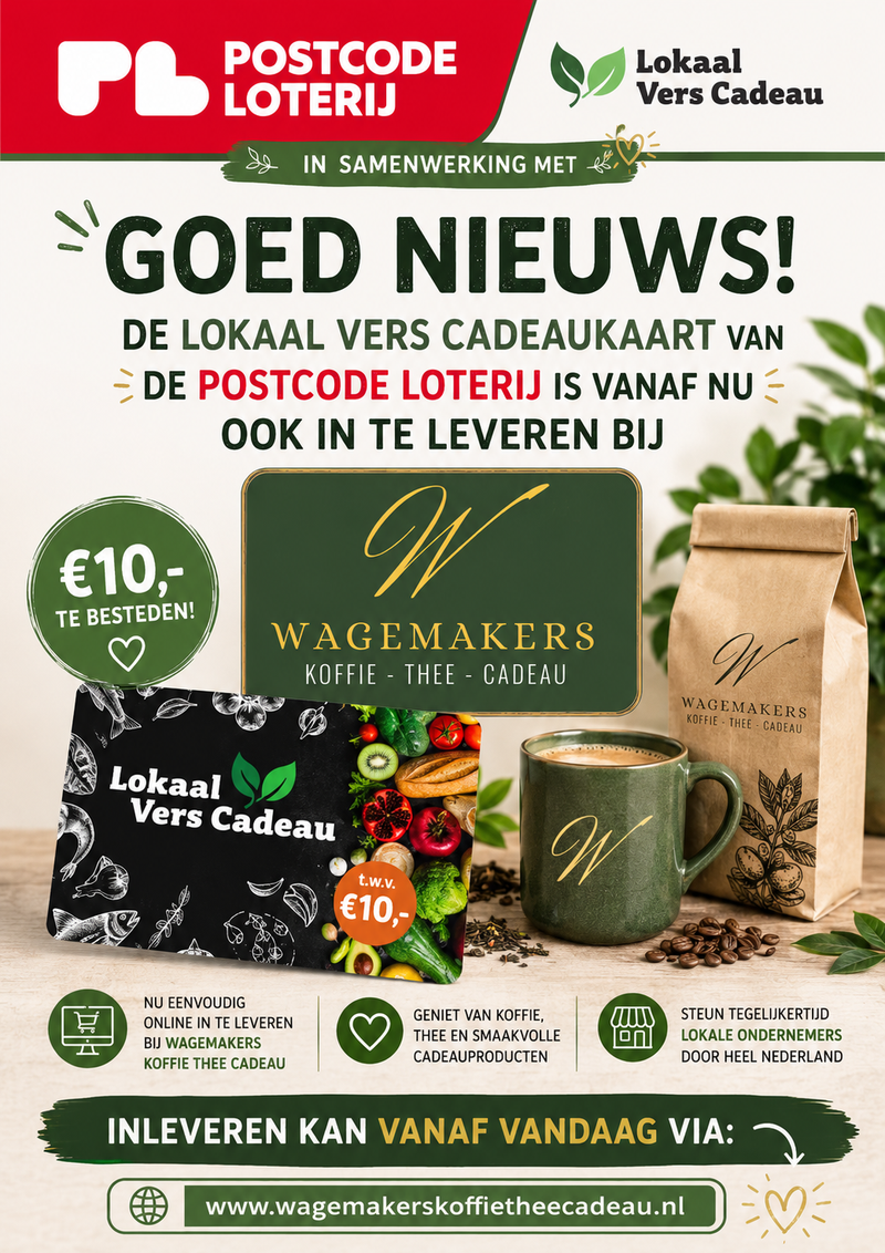 Lokaal Vers Cadeaukaart inleveren Wagemakers Koffie Thee aanbieding met koffie en thee producten.