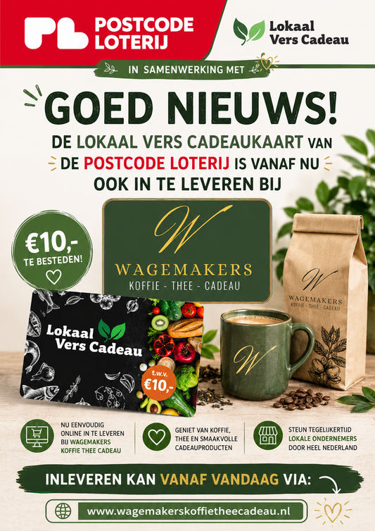Lokaal Vers Cadeaukaart inleveren Wagemakers Koffie Thee aanbieding met koffie en thee producten.