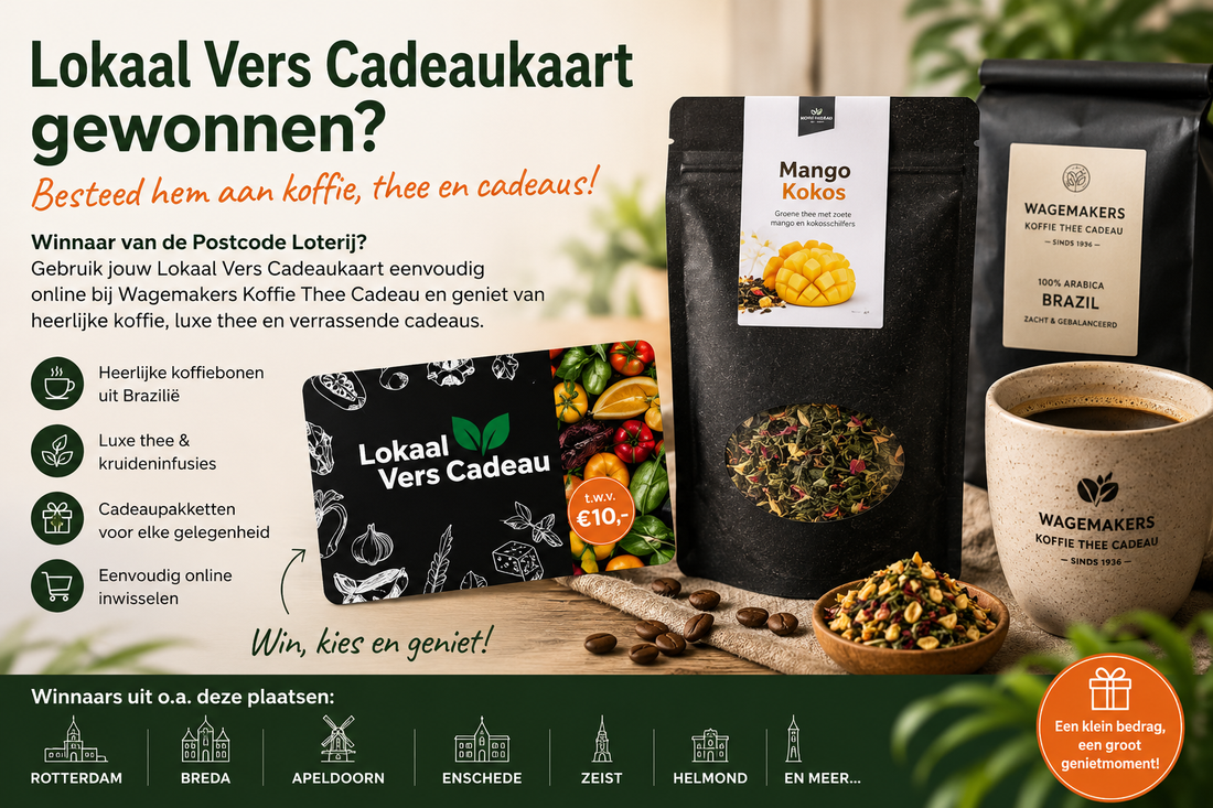 Lokaal Vers Cadeaukaart gewonnen via de Postcode Loterij. Besteed jouw cadeaukaart aan koffie, thee en cadeaus bij Wagemakers Koffie Thee Cadeau met luxe koffiebonen uit Brazilië en Mango Kokos thee.