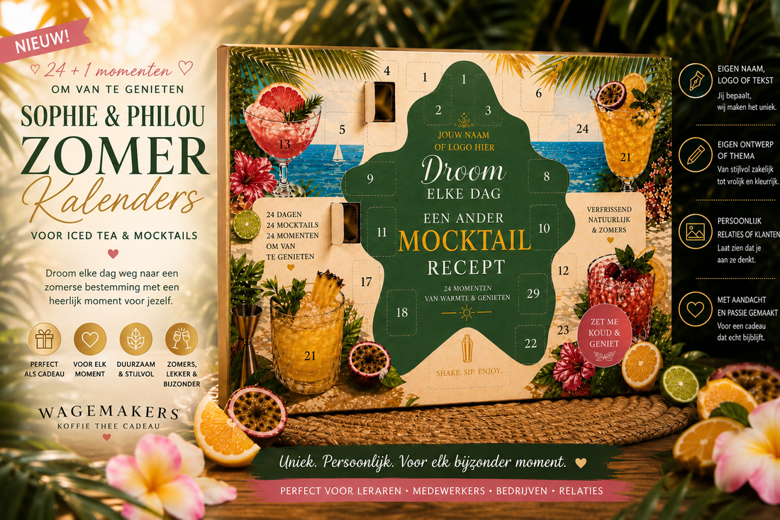 originele zomer cadeaus 2026 voor leraren en medewerkers met een mocktail kalender van Sophie & Philou