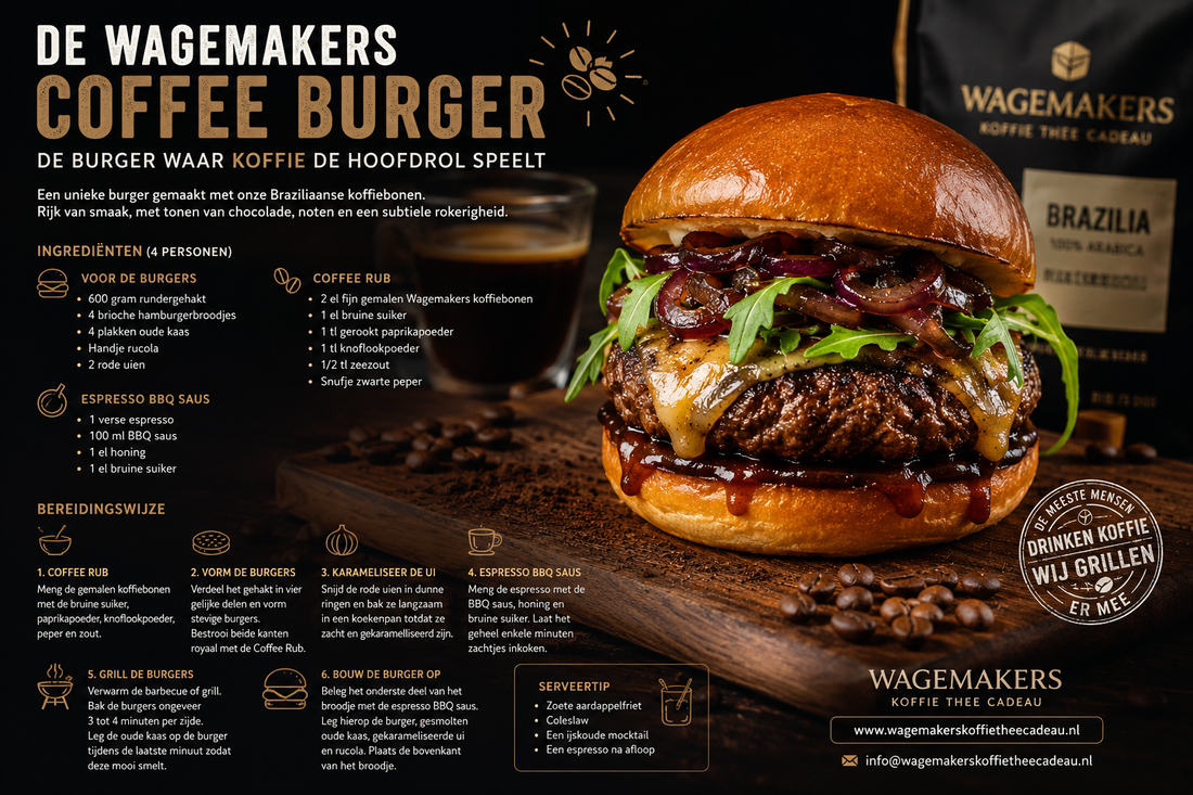Wagemakers Coffee Burger met Braziliaanse koffiebonen, gesmolten oude kaas, gekarameliseerde rode ui, rucola en espresso BBQ saus op een briochebroodje. Luxe burgerrecept waarbij koffie de hoofdrol speelt.