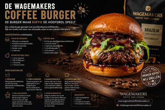 Wagemakers Coffee Burger met Braziliaanse koffiebonen, gesmolten oude kaas, gekarameliseerde rode ui, rucola en espresso BBQ saus op een briochebroodje. Luxe burgerrecept waarbij koffie de hoofdrol speelt.