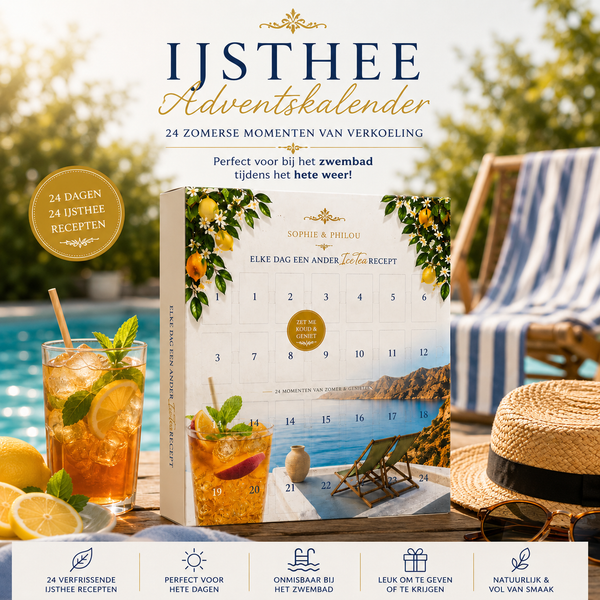 Luxe IJsthee Adventskalender voor bij het zwembad tijdens het hete weer met 24 verfrissende theesmaken.
