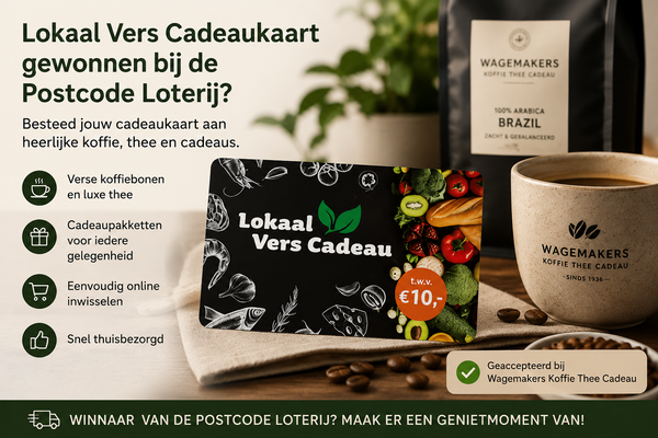 Lokaal Vers Cadeaukaart van de Postcode Loterij met koffie, thee en cadeaus van Wagemakers