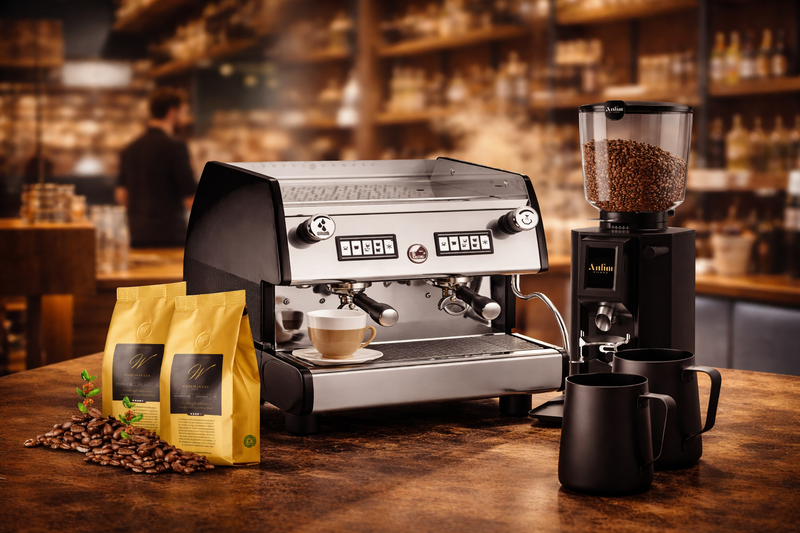 Koffiemachine horeca zonder contract met koffiemolen en koffiebonen op de tafel.