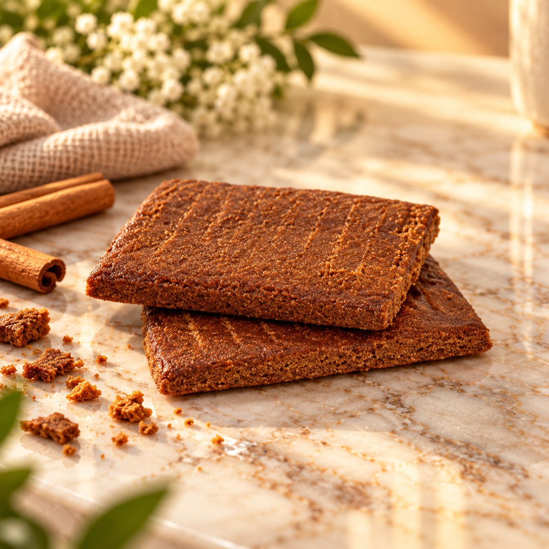Glutenvrije speculaasbrokken met amandel van Bakkerij Petit Four, twee plakken