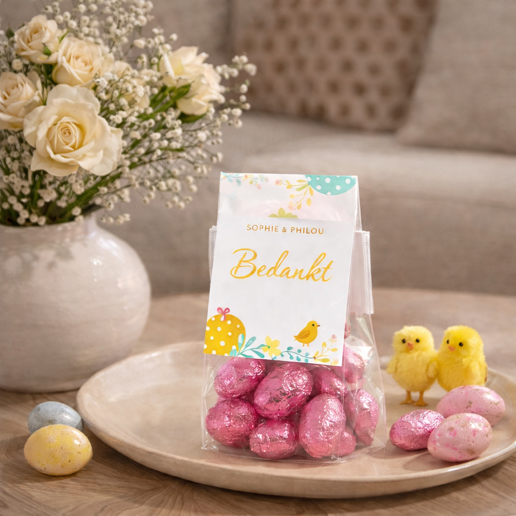 Luxe paaseitjes geschenkdozen van Sophie & Philou met bloemen en schattige kuikens voor Pasen.