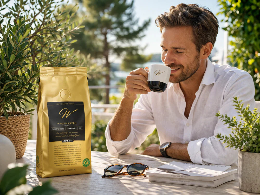 Man geniet van koffie op kantoor zonder contract met Wagemakers Koffie in een zonnige omgeving.