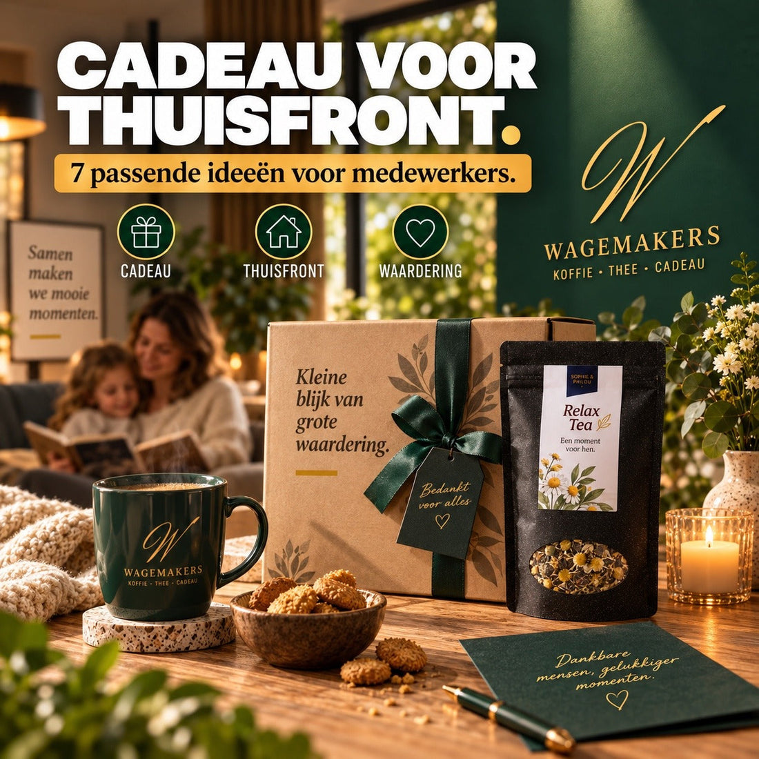 Cadeau voor thuisfront met koffie thee en waardering voor medewerkers van Wagemakers