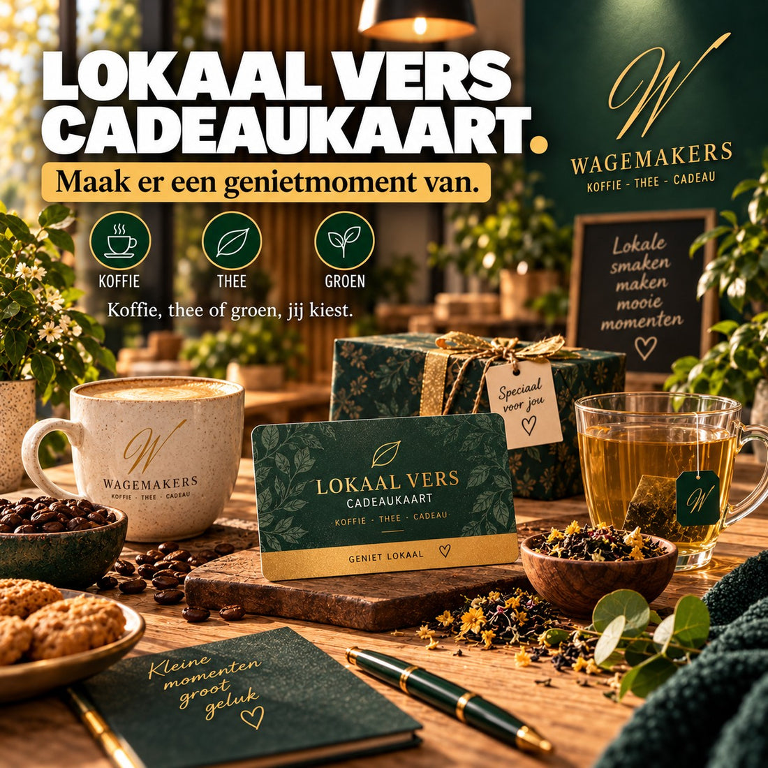 Lokaal Vers Cadeaukaart als genietmoment met koffie thee en groen