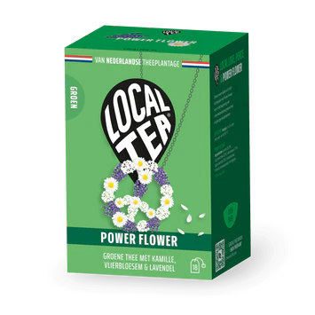 Power Flower Theezakjes verpakking met groene thee, kamille, vlierbloesem en lavendel van Local Tea.