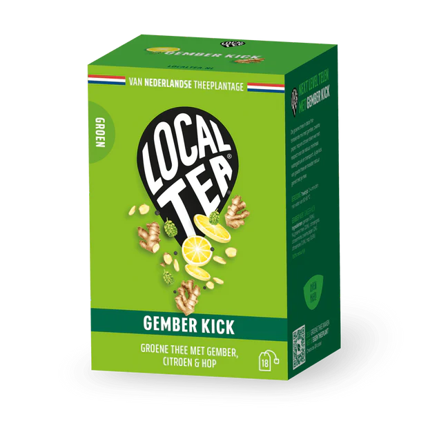 Gember Kick – Theezakjes van Local Tea, groene thee met gember, citroen en hop in een verpakking.