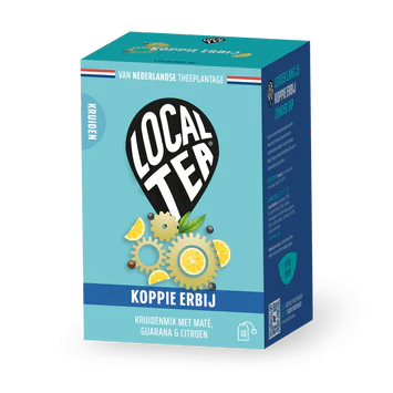 Koppie Erbij – Opwekkende kruidenthee Theezakjes verpakking met lokale ingrediënten en frisse citroenen.