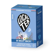 De Nacht Wacht Theezakjes van Local Tea, kruidenmix met rooibos, valeriaan, kamille en lavendel.