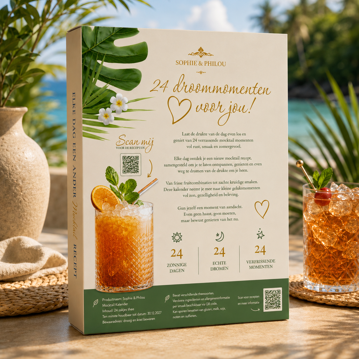 Mocktail zomerkalender recepten met 24 zomerdranken, een doos met recepten voor verfrissende mocktails.