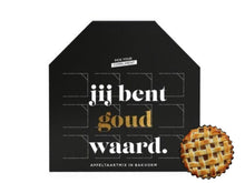 Cadeauverpakking van appeltaartmix met de tekst 'jij bent goud waard' en een pictogram van een appeltaart.