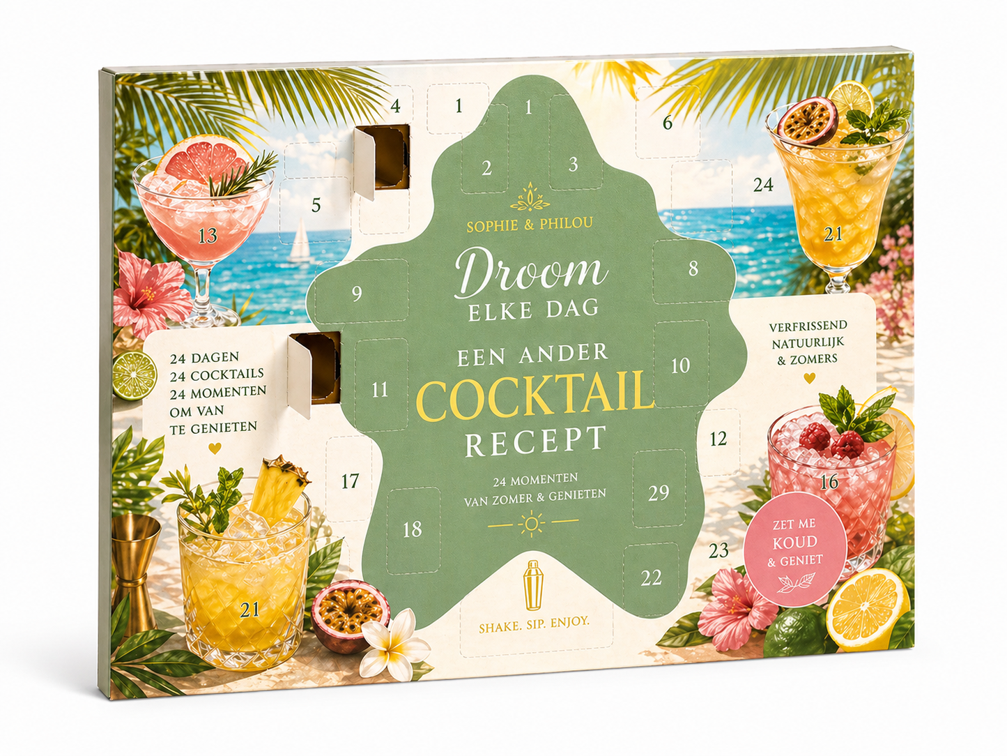 Cocktail zomerkalender recepten met 24 unieke cocktailmomenten, gepresenteerd in een kleurrijke zomerset.