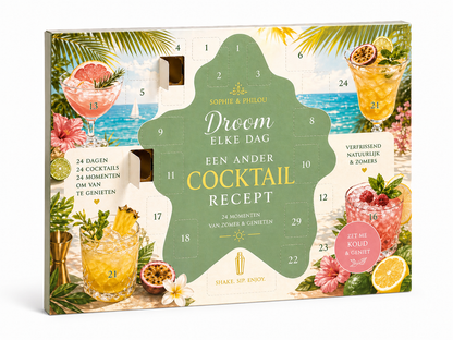 Cocktail zomerkalender recepten met 24 unieke cocktailmomenten, gepresenteerd in een kleurrijke zomerset.