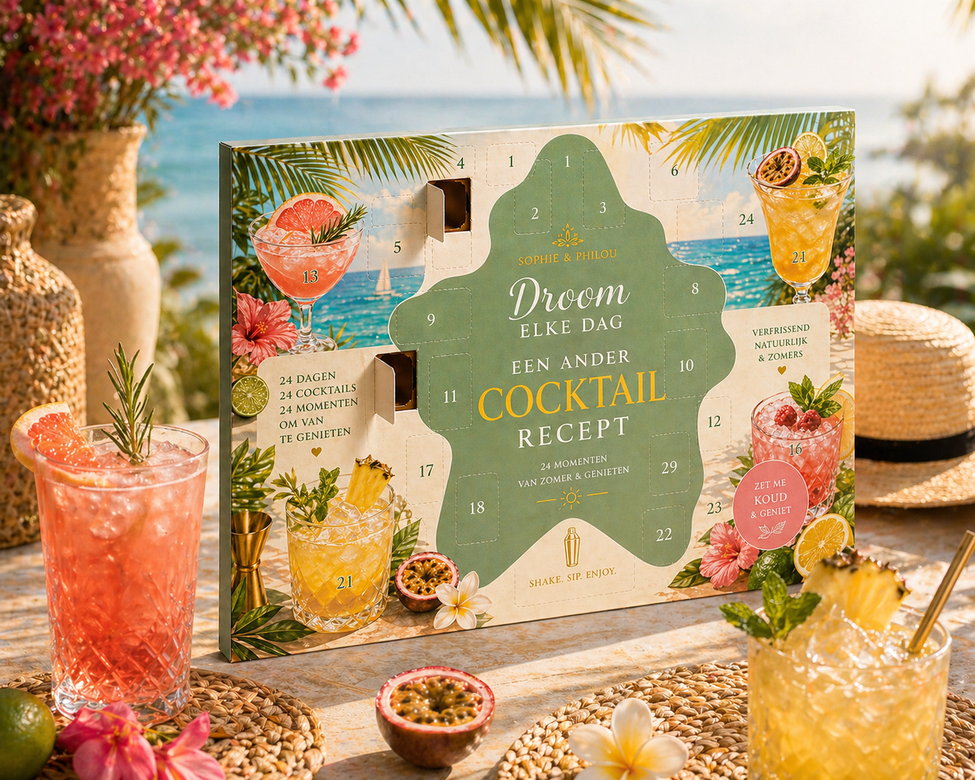Cocktail zomerkalender recepten met 24 unieke cocktail recepten van Sophie & Philou in een zonnige setting.