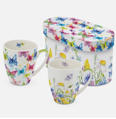 Cadeauset Vlinders & Bloemen met 2 Porseleinen Mokken in Luxe Geschenkdoos