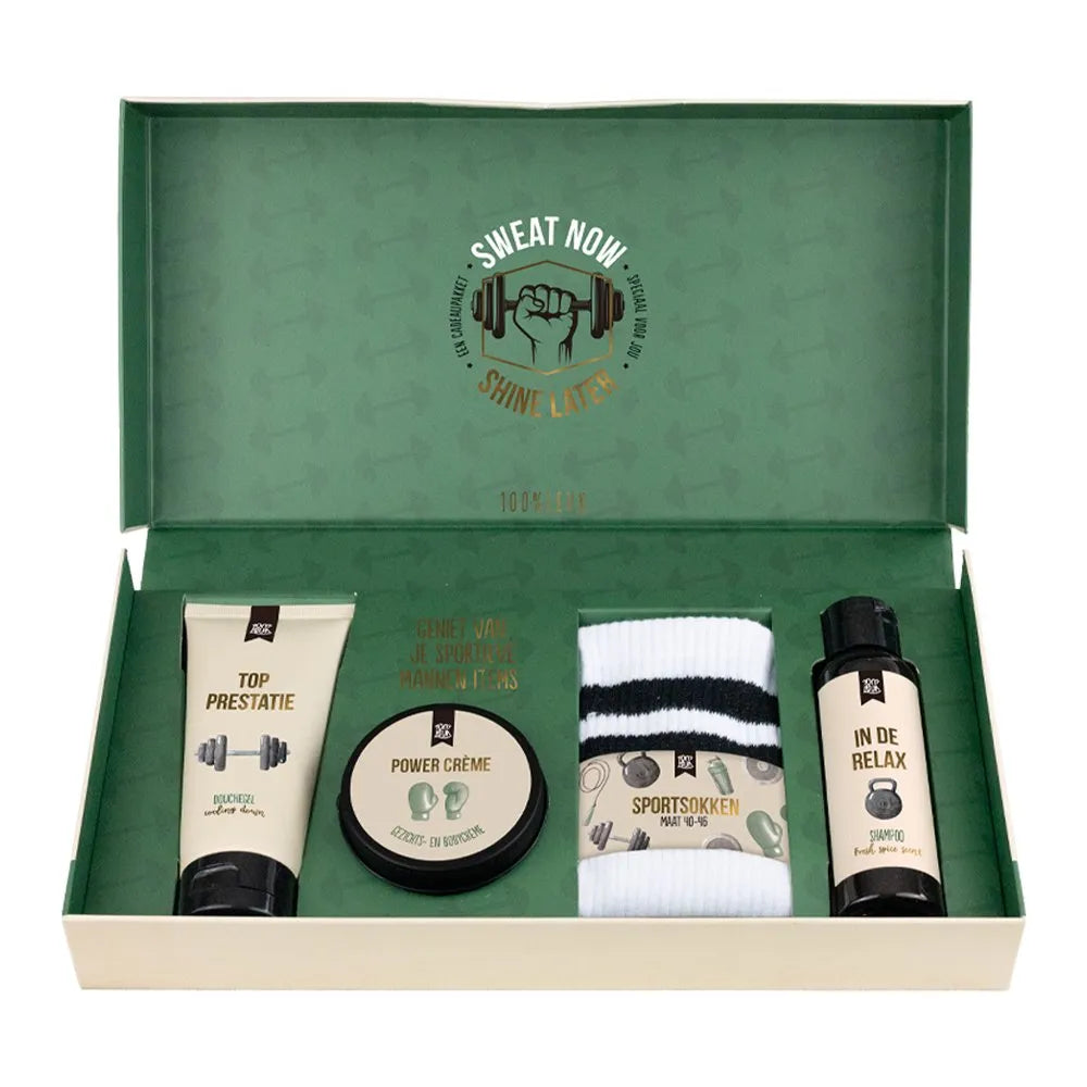 Kerstcadeaupakket Sweat Now Shine Later – Sportief & Verzorgend Geschenk