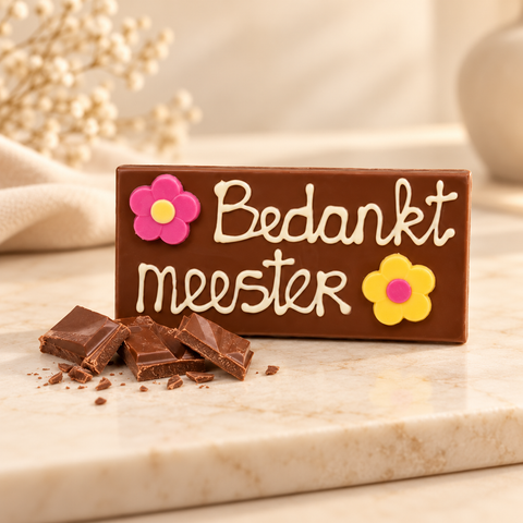 Bedankt Meester Chocoladereep met Bloemen