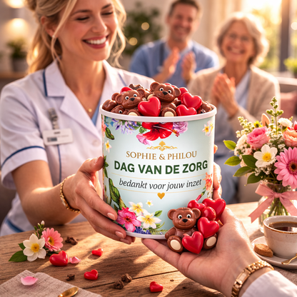 Sophie & Philou Dag van de Zorg chocolade beker met beertjes en hartjes