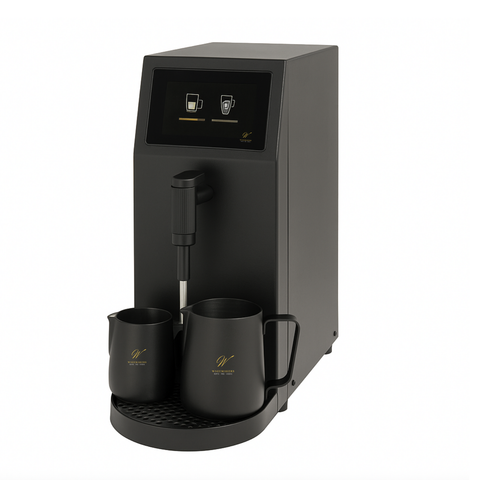 ETNA Alpina melkopschuimer met gebruiksvriendelijke interface en twee melkkannen voor barista's.