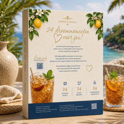 Ice Tea Zomerkalender met 24 unieke ice tea recepten voor de zomer op een zonovergoten achtergrond.