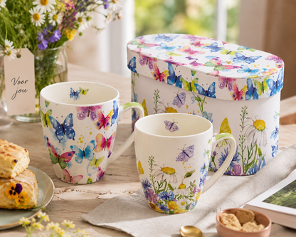 Cadeauset Vlinders & Bloemen met 2 Porseleinen Mokken in Luxe Geschenkdoos