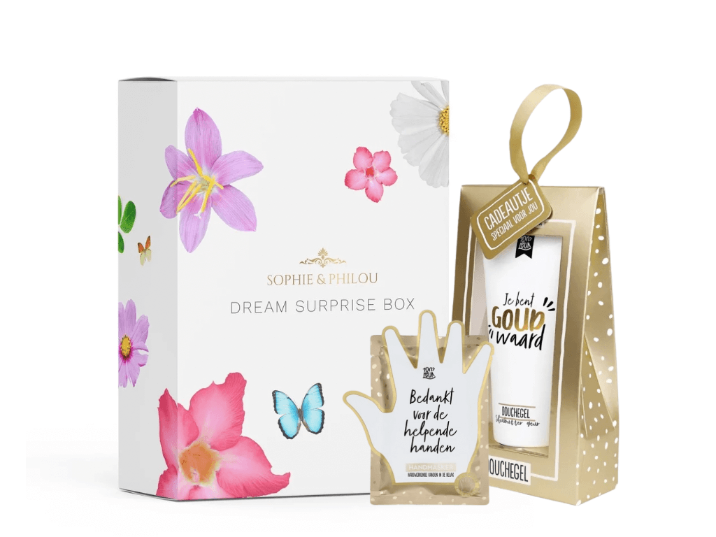 Dream Surprise Box + Cadeauset “Jij bent goud waard” – Bedankje met luxe douchegel en handmasker