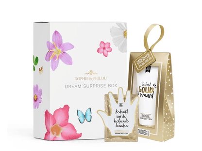 Dream Surprise Box + Cadeauset “Jij bent goud waard” – Bedankje met luxe douchegel en handmasker