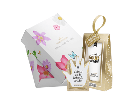 Dream Surprise Box + Cadeauset “Jij bent goud waard” – Bedankje met luxe douchegel en handmasker