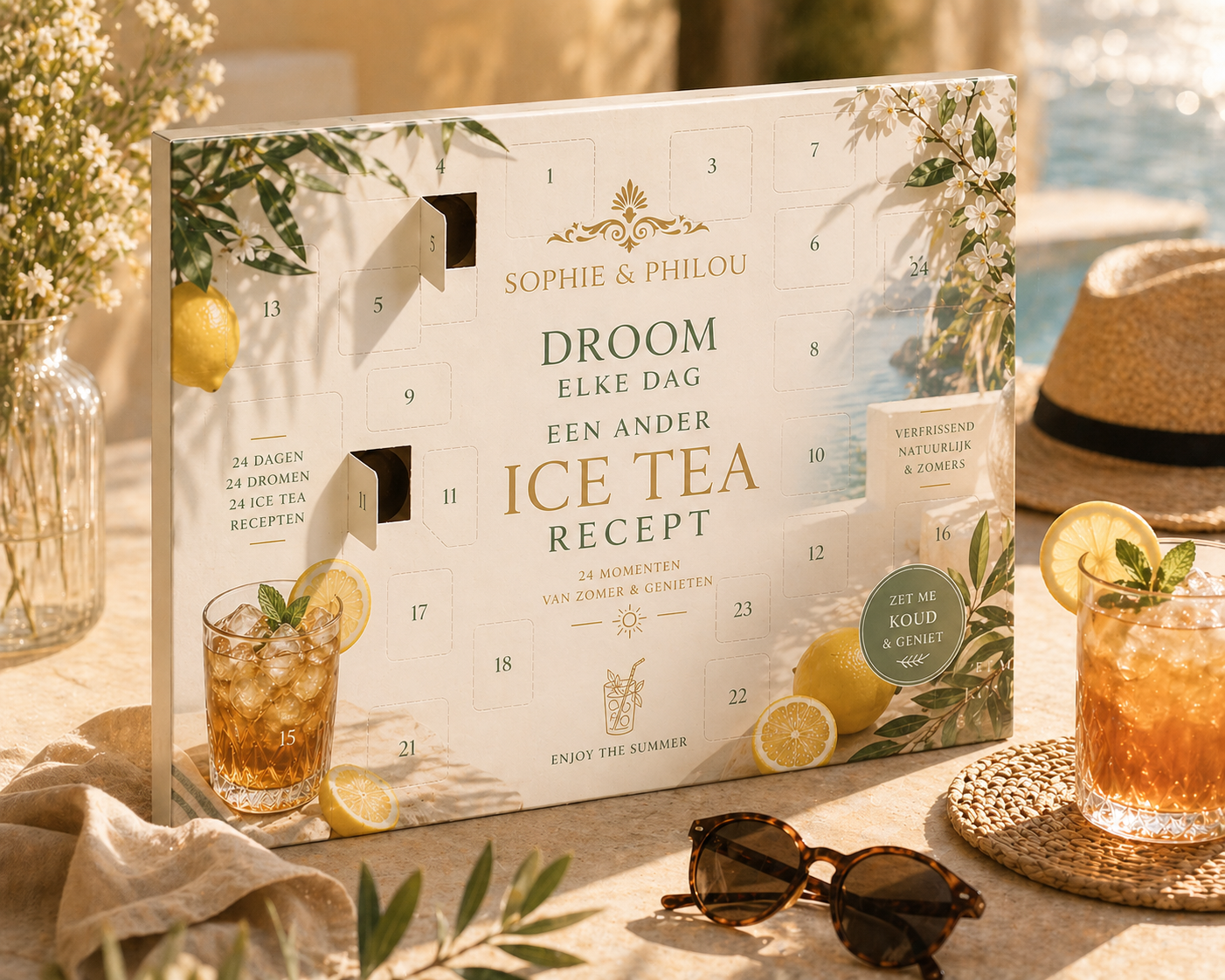 Ice tea adventskalender van Sophie Philou met 24 recepten voor verfrissende zomermomenten.