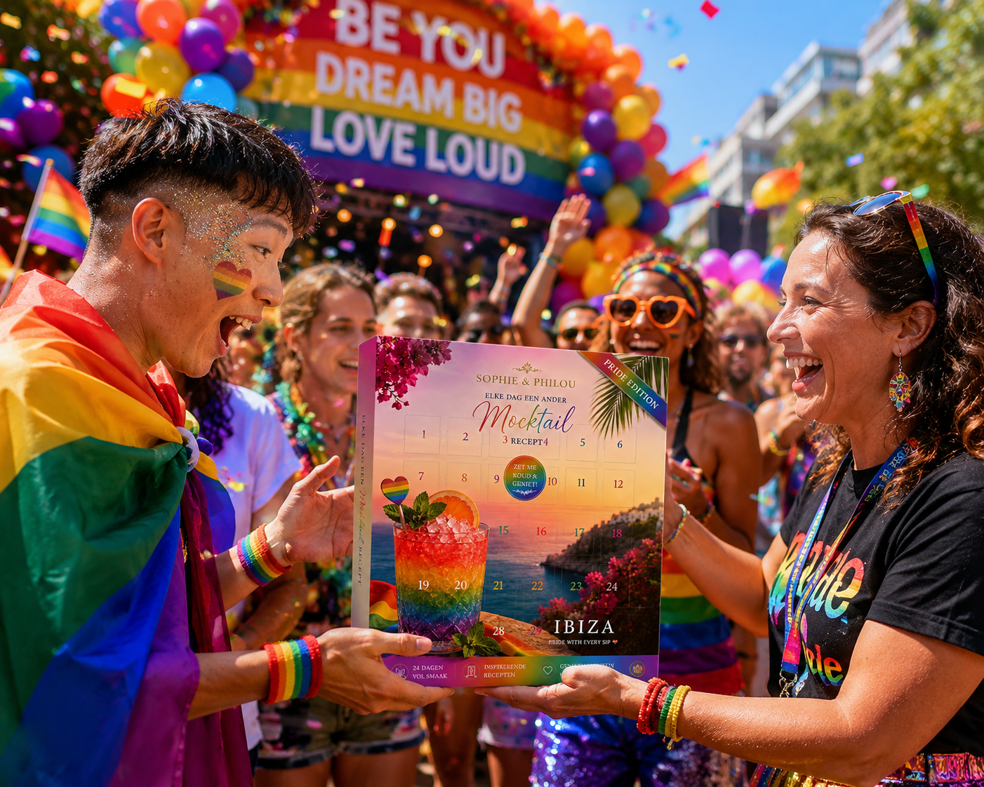 Overhandiging van de Sophie & Philou Pride Kalender 2026 tijdens een kleurrijk Pride evenement. Bezoekers reageren verrast en enthousiast op dit unieke relatiegeschenk vol thee, mocktails en inspirerende droomboodschappen.