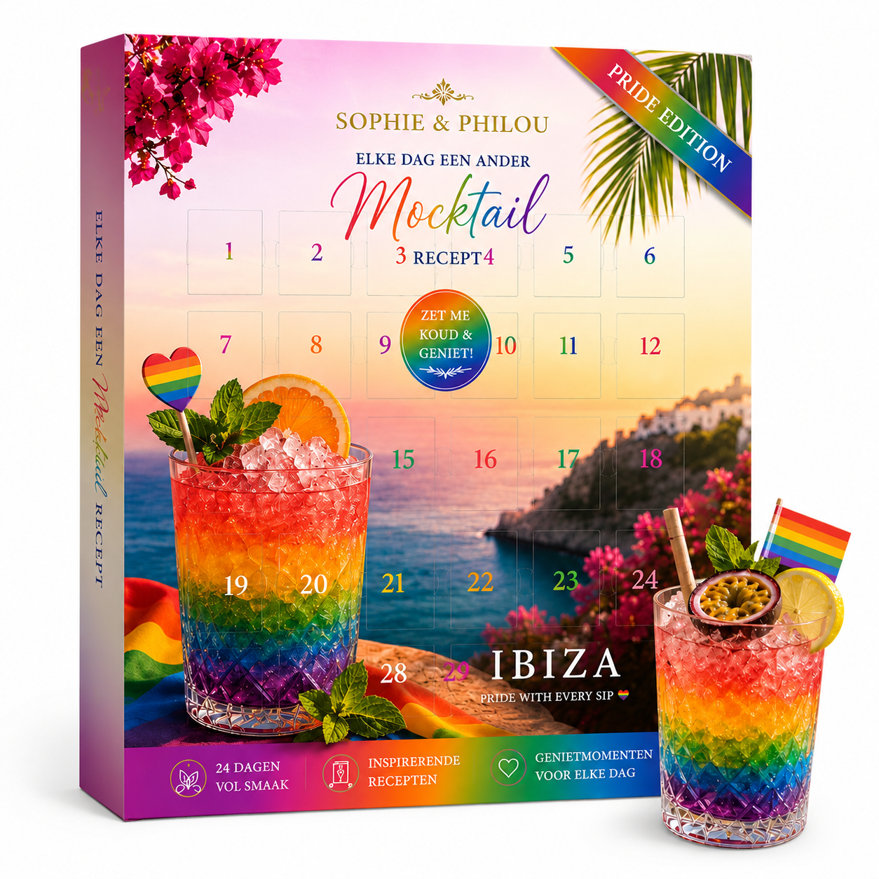 Sophie & Philou Pride Kalender 2026 Ibiza Edition met kleurrijke regenboogmocktails, 24 verrassingsvakjes en inspirerende droommomenten. Unieke Pride kalender voor medewerkers, klanten en relaties.