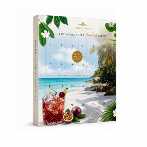 mocktail zomerkalender recepten met tropisch strand en kleurrijke ingrediënten voor dagelijkse mocktail ideeën.
