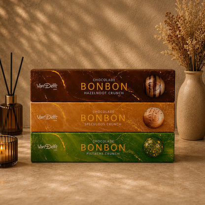 Triple Pack Bonbons, Hazelnoot Crunch, Speculoos Crunch en Pistache Crunch