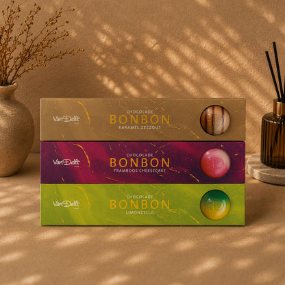 Triple Pack Bonbons, Karamel zeezout, Framboos Cheesecake en Limoncello