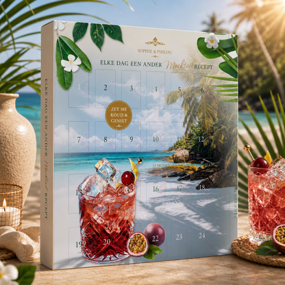 mocktail zomerkalender recepten adventskalender met tropische achtergrond en mocktail drankje
