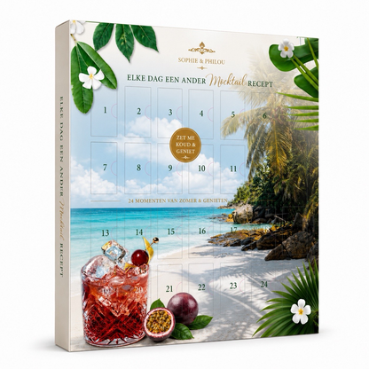 mocktail zomerkalender recepten met tropisch strand en verfrissende drankjes, perfect voor zomerse dagen.