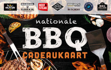 nationale BBQ cadeaukaart voor vlees en vis, met beelden van grillgerei en BBQ-gerechten.