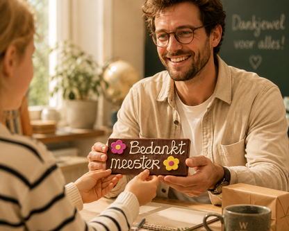 Bedankt Meester Chocoladereep met Bloemen