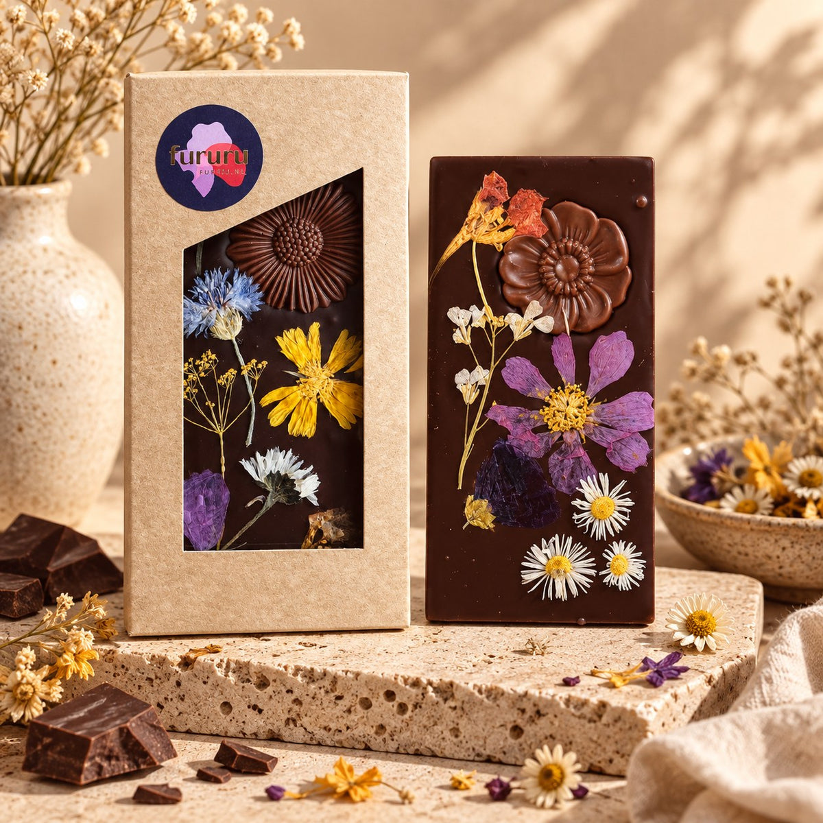 Pure chocoladereep met eetbare bloemen als origineel chocolade cadeau van Wagemakers