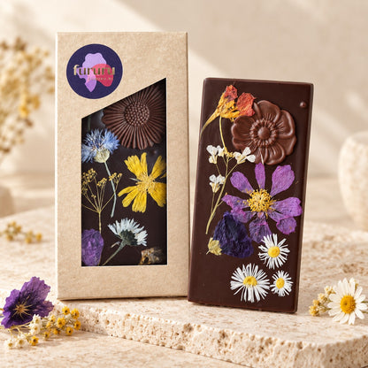 Bloemenreep puur van Belgische Fairtrade chocolade met eetbare biologische bloemen van Wagemakers Koffie Thee Cadeau