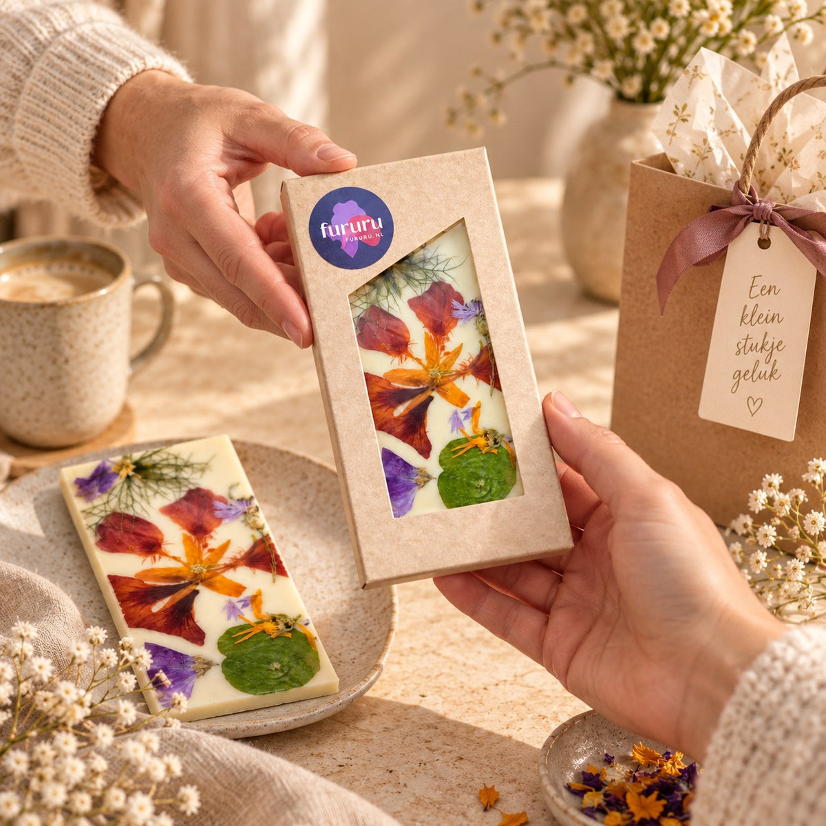 Belgische witte chocolade met biologische eetbare bloemen als stijlvol cadeau van Wagemakers