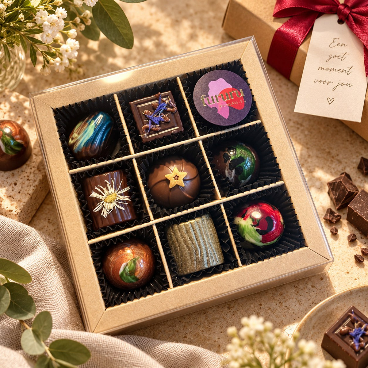 Luxe bonbondoos met handgemaakte bonbons als chocolade cadeau van Wagemakers