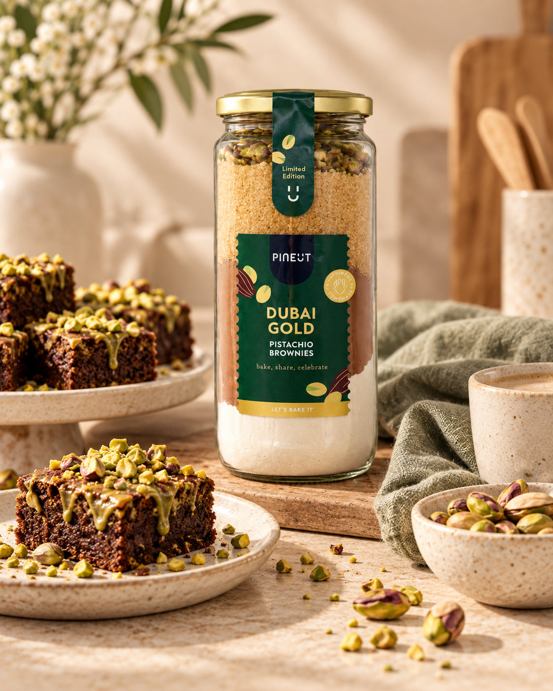 Sfeerbeeld van Brownies Dubai Gold Pure Chocolade, Pistache & Specerijen met warme styling en passende ingrediënten